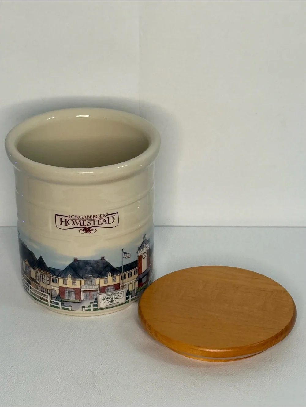 Longaberger Homestead Ceramic Crock with Wood Lid - Cream